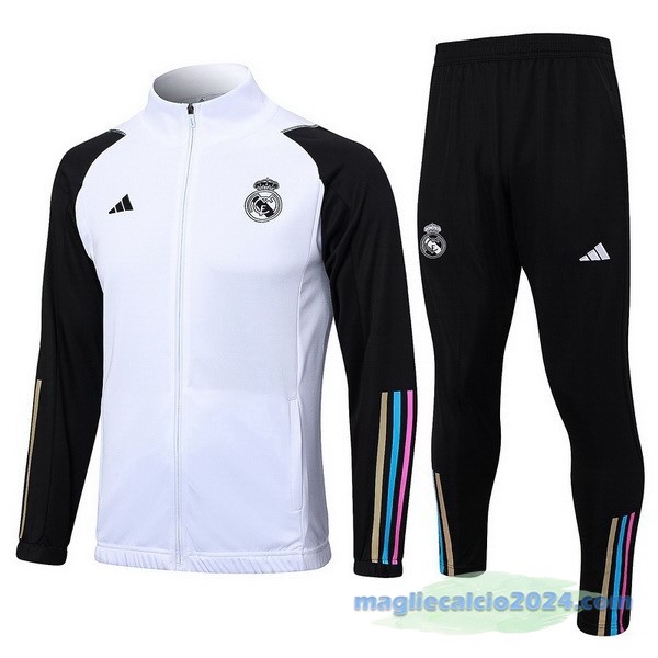 Set Completo Ropa Deportiva Con Cremallera Larga Real Madrid 2023 2024 Bianco Nero Poco Prezzo