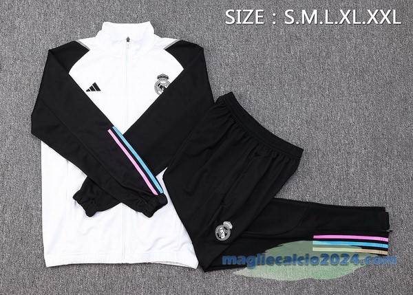 Set Completo Ropa Deportiva Con Cremallera Larga Real Madrid 2023 2024 Bianco Nero Poco Prezzo
