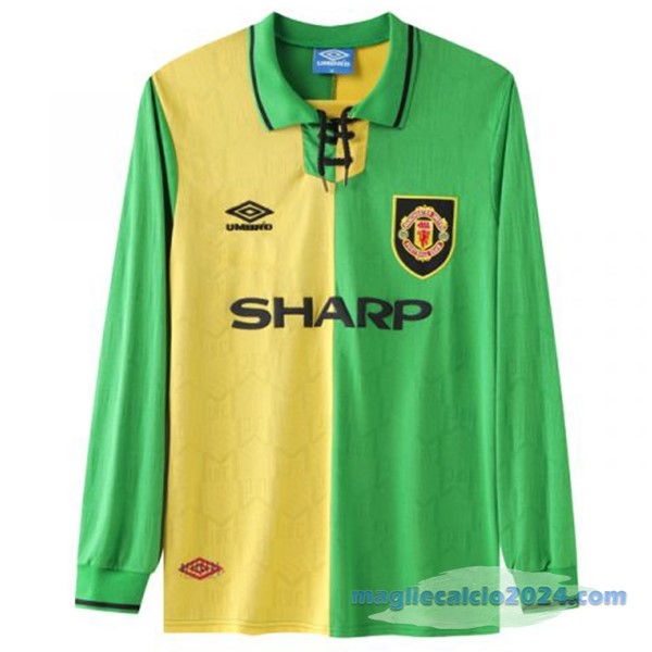 Terza Manica lunga Manchester United Retro 1992 1994 Verde Giallo Poco Prezzo