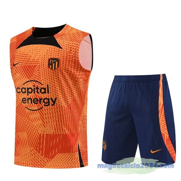 Entrenamiento Senza Maniche Set Completo Atlético Madrid 2023 2024 Arancione Blu Poco Prezzo
