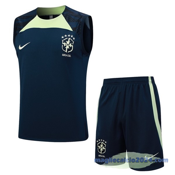 Entrenamiento Senza Maniche Set Completo Brasile 2023 Blu Navy III Verde Poco Prezzo