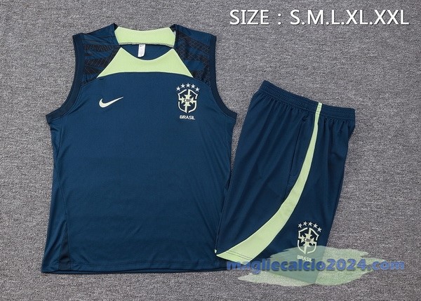 Entrenamiento Senza Maniche Set Completo Brasile 2023 Blu Navy III Verde Poco Prezzo