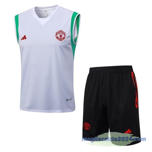 Entrenamiento Senza Maniche Set Completo Manchester United 2023 2024 Bianco Verde Nero Poco Prezzo