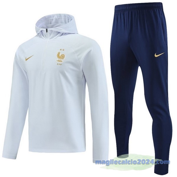 Felpa Cappuccio Francia 2023 Bianco Blu Navy Poco Prezzo