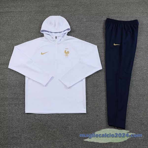 Felpa Cappuccio Francia 2023 Bianco Blu Navy Poco Prezzo