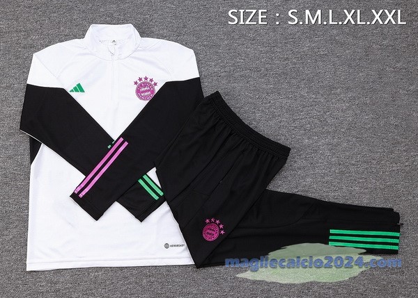 Set Completo Felpa Allenamento Bambino Bayern Múnich 2023 2024 Bianco Nero Purpureo Poco Prezzo