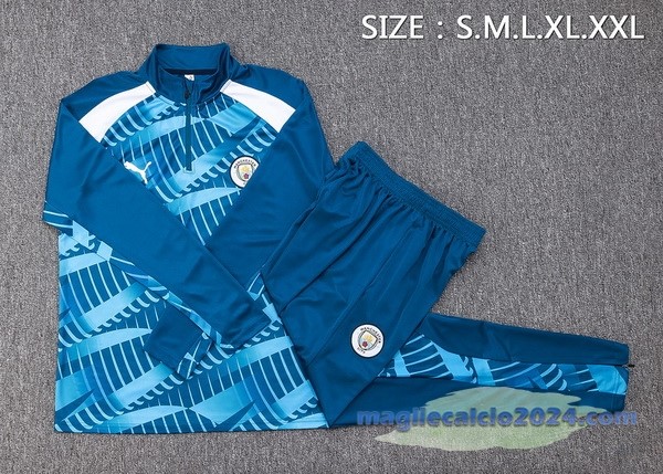Set Completo Felpa Allenamento Bambino Manchester City 2023 2024 Blu II Bianco Poco Prezzo