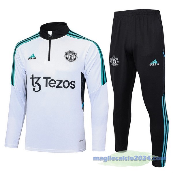 Set Completo Felpa Allenamento Bambino Manchester United 2023 2024 Bianco Verde Nero Poco Prezzo