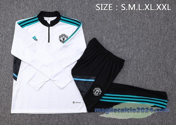Set Completo Felpa Allenamento Bambino Manchester United 2023 2024 Bianco Verde Nero Poco Prezzo