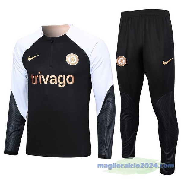 Set Completo Felpa Allenamento Chelsea 2023 2024 Nero Bianco Poco Prezzo
