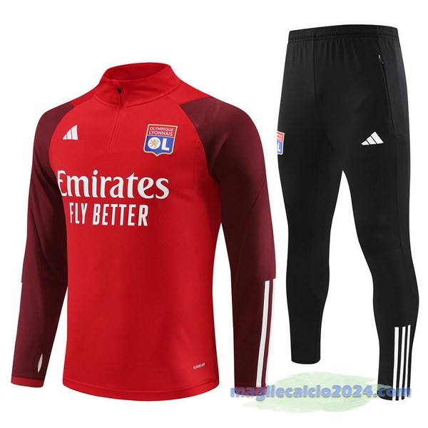 Set Completo Felpa Allenamento Lyon 2023 2024 Rosso Nero Poco Prezzo