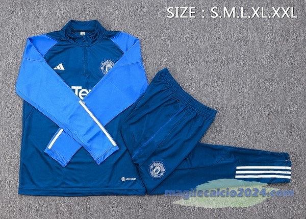 Set Completo Felpa Allenamento Manchester United 2023 2024 Blu Bianco Poco Prezzo