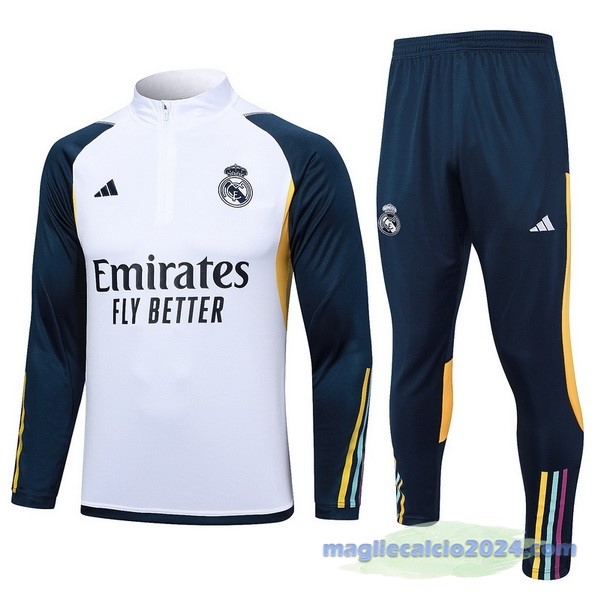 Set Completo Felpa Allenamento Real Madrid 2023 2024 Bianco Blu Giallo Poco Prezzo