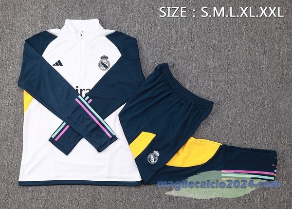 Set Completo Felpa Allenamento Real Madrid 2023 2024 Bianco Blu Giallo Poco Prezzo