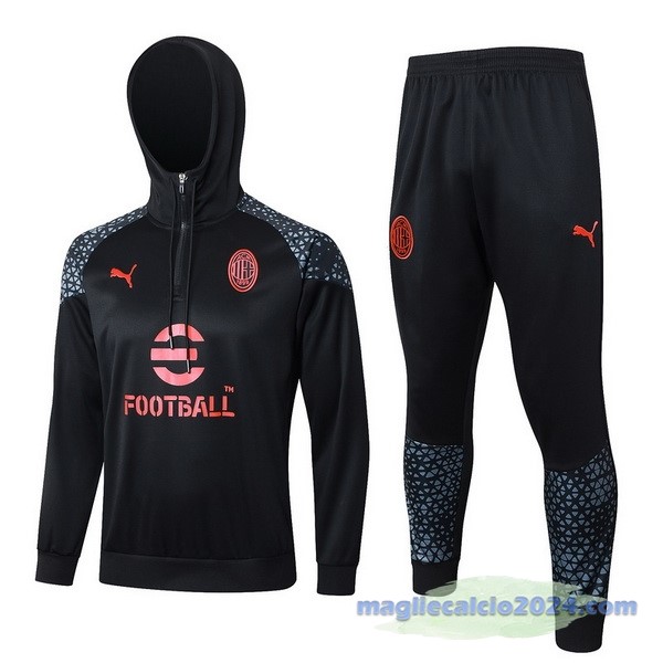 Set Completo Felpa Cappuccio AC Milan 2023 2024 Nero Rosso Poco Prezzo