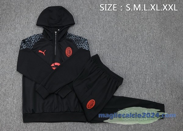 Set Completo Felpa Cappuccio AC Milan 2023 2024 Nero Rosso Poco Prezzo