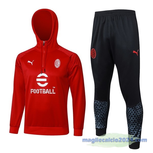 Set Completo Felpa Cappuccio AC Milan 2023 2024 Rosso Nero Poco Prezzo