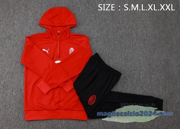 Set Completo Felpa Cappuccio AC Milan 2023 2024 Rosso Nero Poco Prezzo