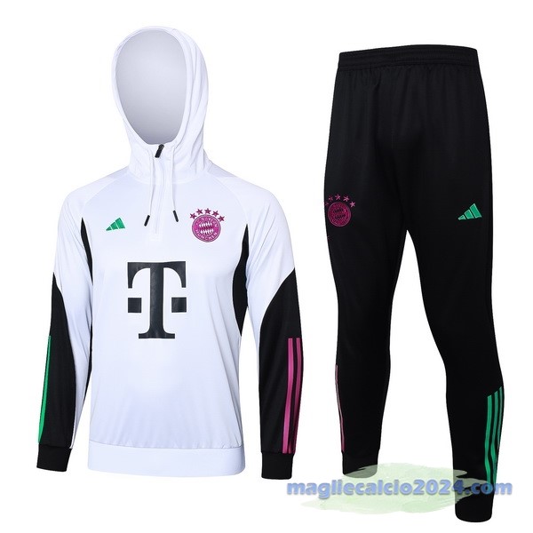 Set Completo Felpa Cappuccio Bambino Bayern Múnich 2023 2024 Bianco Nero Poco Prezzo