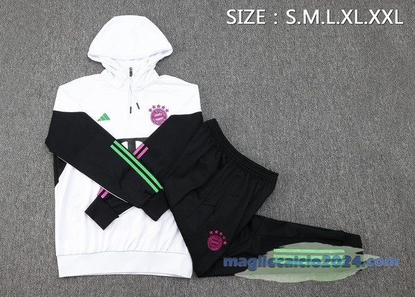 Set Completo Felpa Cappuccio Bambino Bayern Múnich 2023 2024 Bianco Nero Poco Prezzo