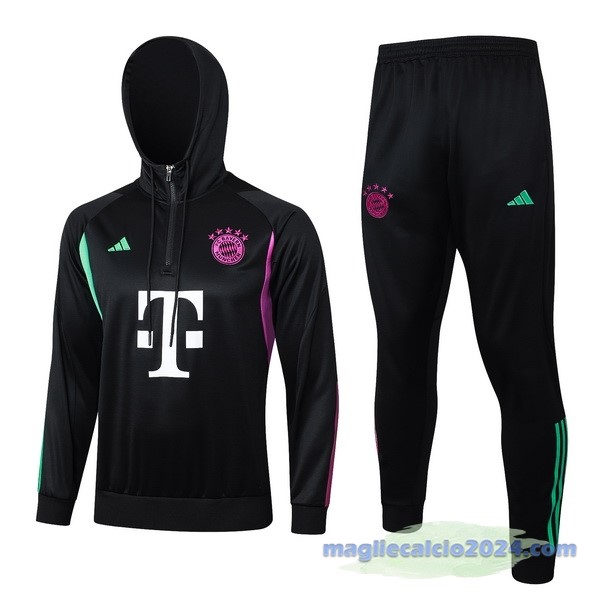 Set Completo Felpa Cappuccio Bayern Múnich 2023 2024 Nero Purpureo Poco Prezzo