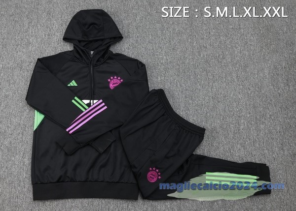 Set Completo Felpa Cappuccio Bayern Múnich 2023 2024 Nero Purpureo Poco Prezzo