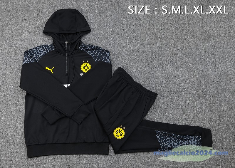 Set Completo Felpa Cappuccio Borussia Dortmund 2023 2024 Nero Grigio Poco Prezzo