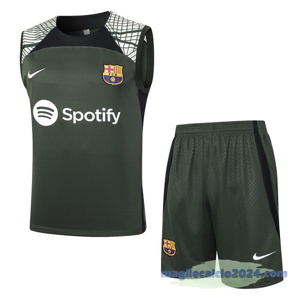 Entrenamiento Senza Maniche Set Completo Barcelona 2023 2024 Verde Poco Prezzo