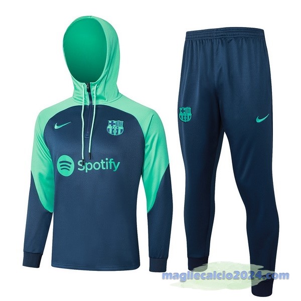 Set Completo Felpa Cappuccio Bambino Barcelona 2023 2024 Verde Blu Poco Prezzo