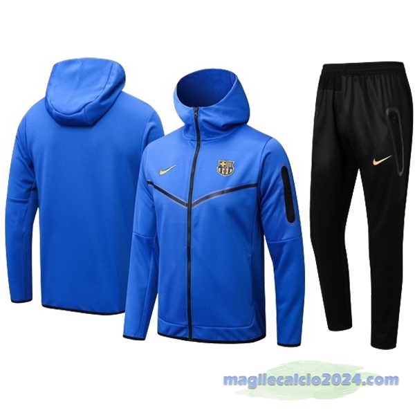 Set Completo Felpa Cappuccio Barcelona 2023 2024 Blu Nero Poco Prezzo
