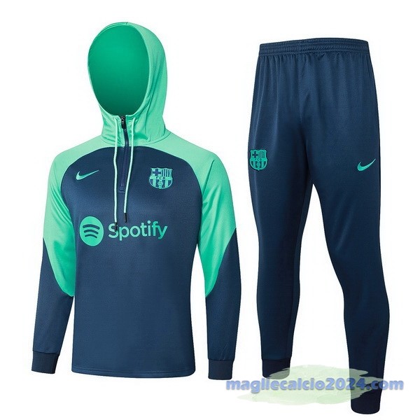 Set Completo Felpa Cappuccio Barcelona 2023 2024 Verde Blu Poco Prezzo