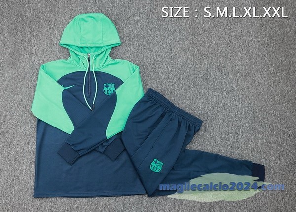 Set Completo Felpa Cappuccio Barcelona 2023 2024 Verde Blu Poco Prezzo