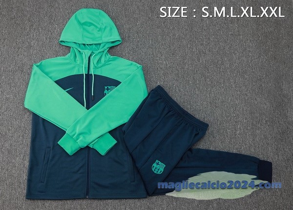 Set Completo Felpa Cappuccio Barcelona 2023 2024 Verde I Blu Poco Prezzo