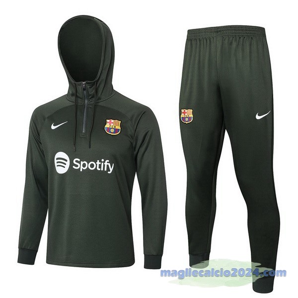 Set Completo Felpa Cappuccio Barcelona 2023 2024 Verde Navy Poco Prezzo