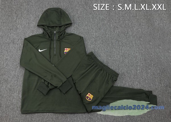 Set Completo Felpa Cappuccio Barcelona 2023 2024 Verde Navy Poco Prezzo