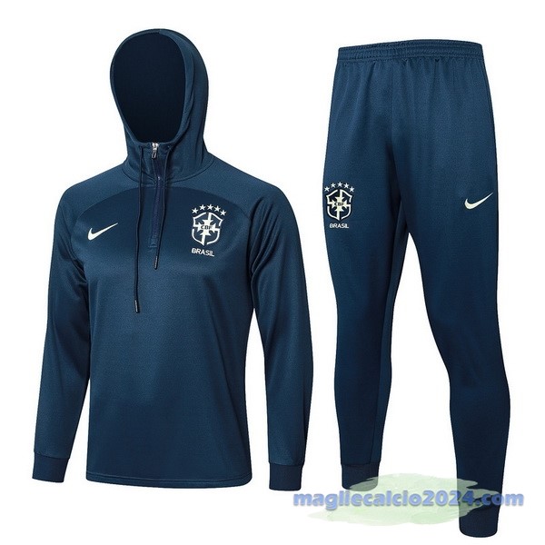 Set Completo Felpa Cappuccio Brasile 2023 Blu Navy Poco Prezzo