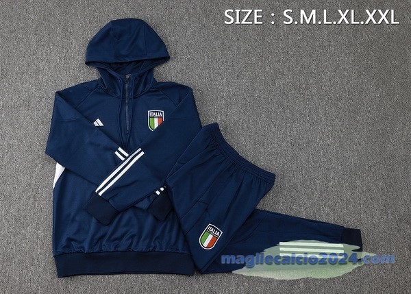 Set Completo Felpa Cappuccio Italia 2023 Blu Navy Bianco Poco Prezzo