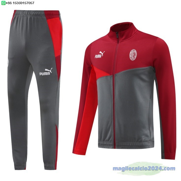 Set Completo Ropa Deportiva Con Cremallera Larga AC Milan 2024 2025 Rosso Grigio Poco Prezzo
