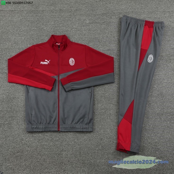 Set Completo Ropa Deportiva Con Cremallera Larga AC Milan 2024 2025 Rosso Grigio Poco Prezzo