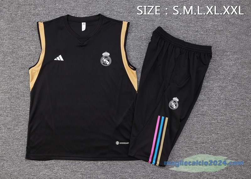 Formazione Senza Maniche Set Completo Real Madrid 2023 2024 Nero Giallo Poco Prezzo