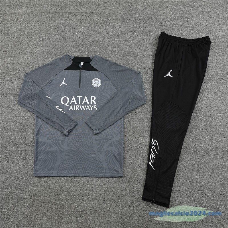 Set Completo Sudadera Formazione Giocatori Paris Saint Germain 2023 2024 Grigio Nero Poco Prezzo