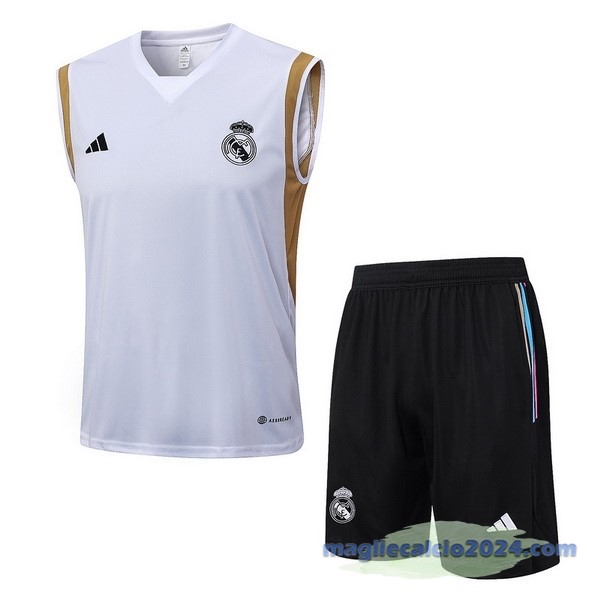 Entrenamiento Senza Maniche Set Completo Real Madrid 2023 2024 Bianco Giallo Nero Poco Prezzo