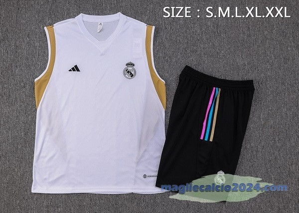 Entrenamiento Senza Maniche Set Completo Real Madrid 2023 2024 Bianco Giallo Nero Poco Prezzo