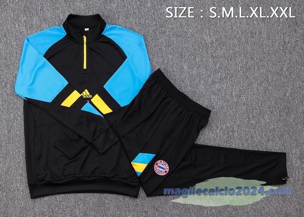 Set Completo Felpa Allenamento Bayern Múnich 2023 2024 Nero Blu Giallo Poco Prezzo