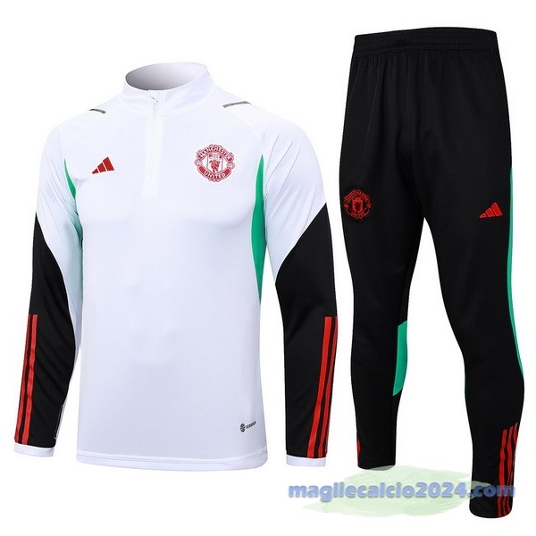 Set Completo Felpa Allenamento Manchester United 2023 2024 Bianco Nero Verde Poco Prezzo