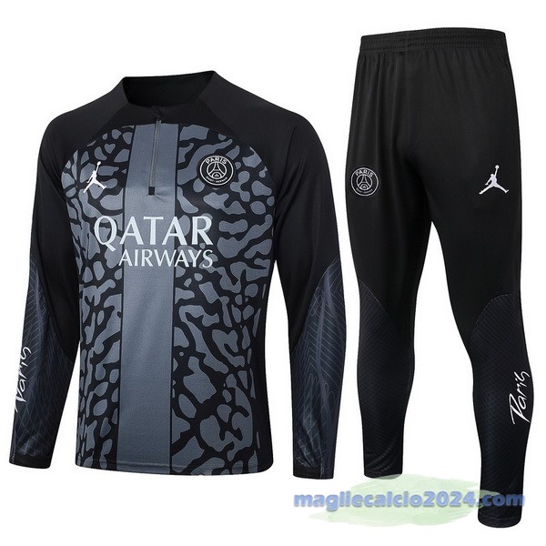 Set Completo Felpa Allenamento Paris Saint Germain 2023 2024 Grigio I Nero Poco Prezzo