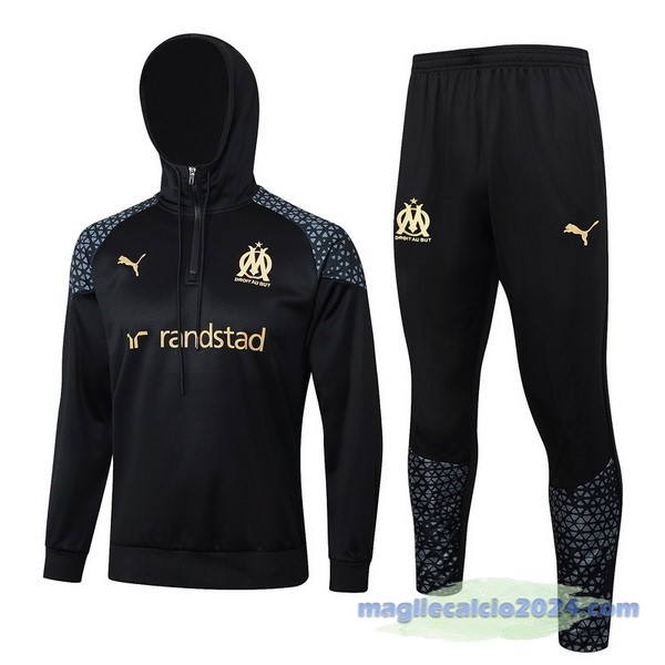 Set Completo Felpa Cappuccio Marsella 2023 2024 Nero Grigio Poco Prezzo