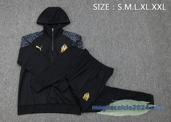 Set Completo Felpa Cappuccio Marsella 2023 2024 Nero Grigio Poco Prezzo